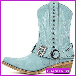 Western Ankle Boots Embroidery Studded Block Heel Faux Leather Cowgirl Style